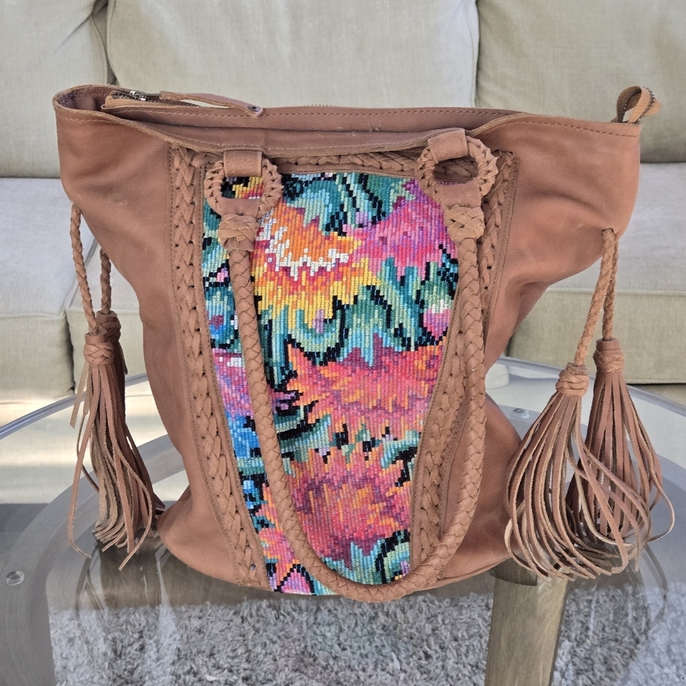 Stela 9 Bohemian Leather Handcrafted Tote with Colorful Embroidery Tassels